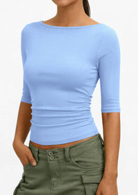 PRETTYGARDEN Womens Summer Short Sleeve Tops Boat Neck Ribbed Knit Slim Fit T Shirt Casual Basic Top Spring Clothes PRETTYGARDEN