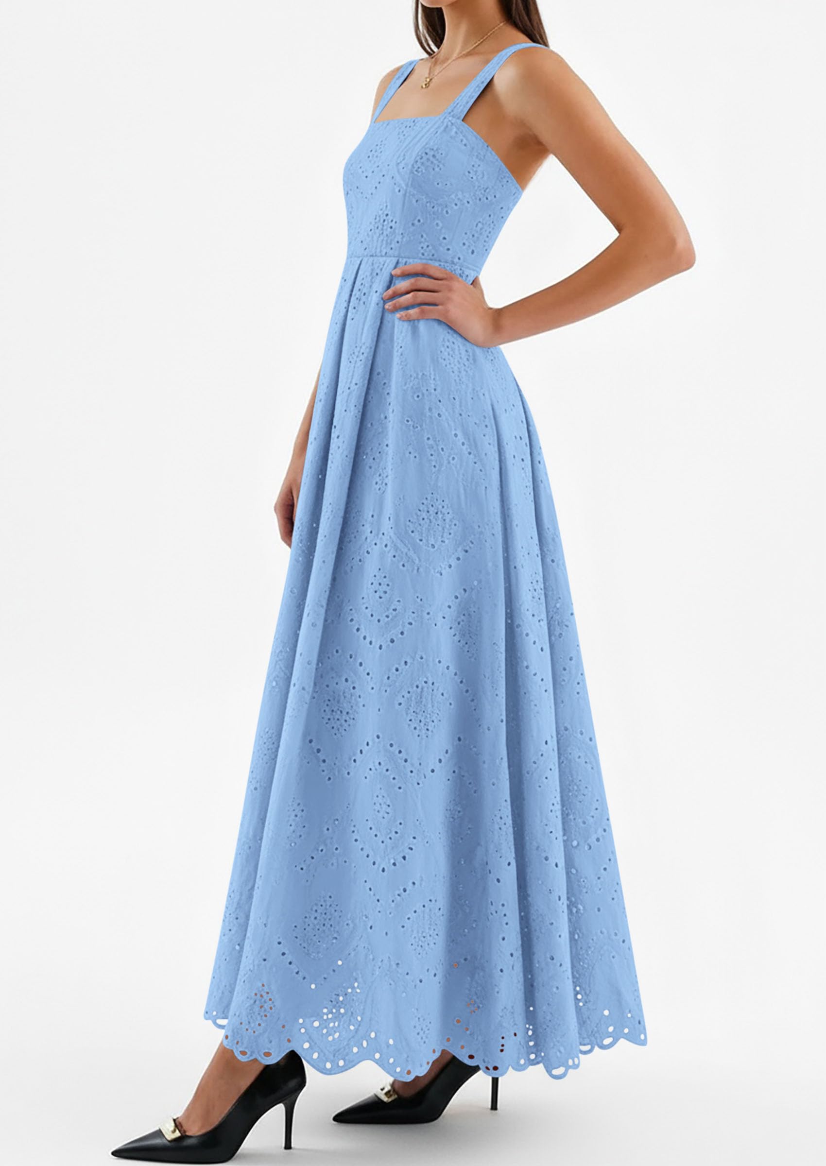 PRETTYGARDEN Womens Sleeveless Maxi Summer Dresses Hollow Out Eyelet Square Neck Ruffle Flowy Beach Vacation Sundress PRETTYGARDEN