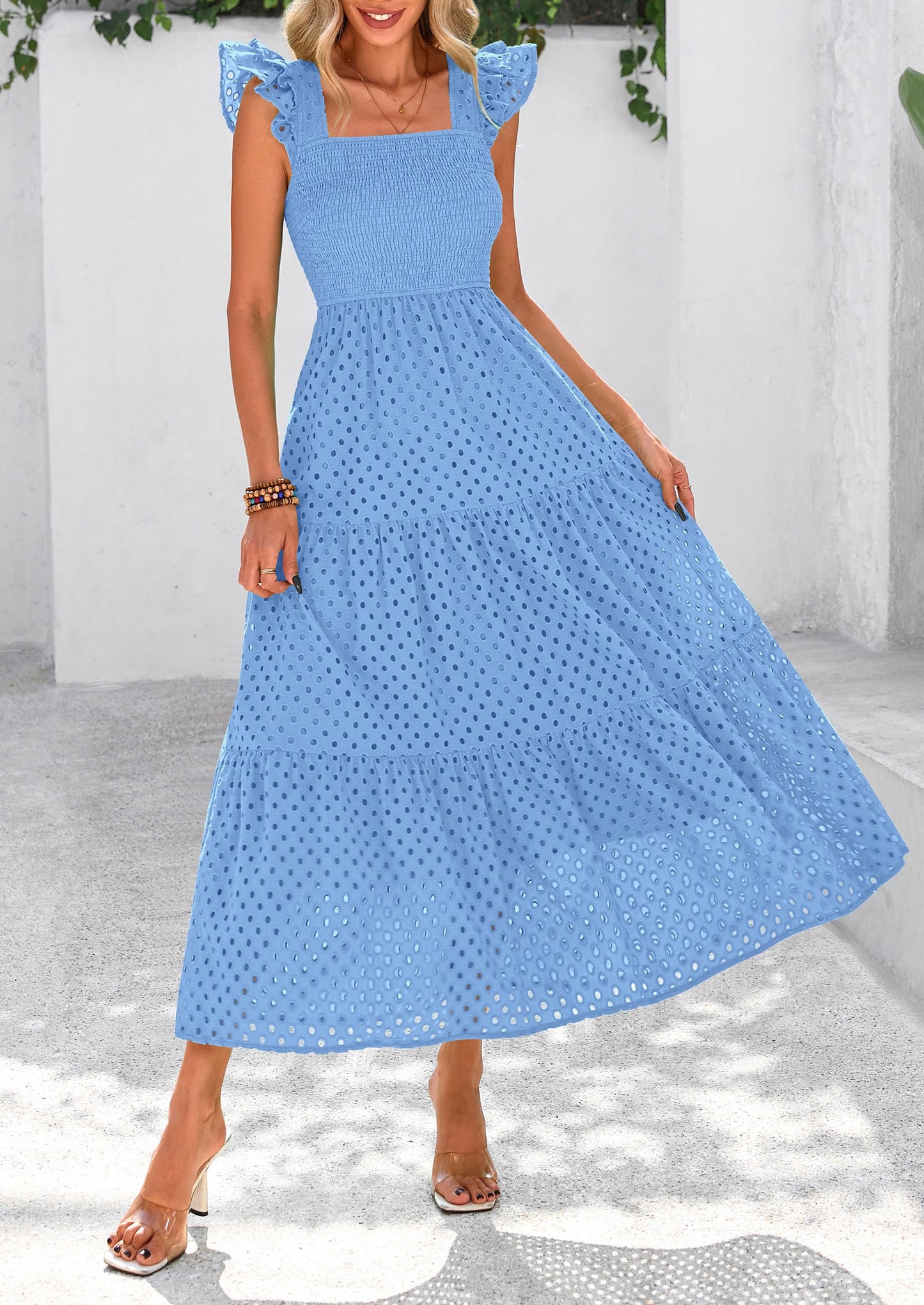 Womens Summer Square Neck Maxi Dresses Cap Sleeve Eyelet Smocked Tiered A Line Flowy Long Dress with Pockets