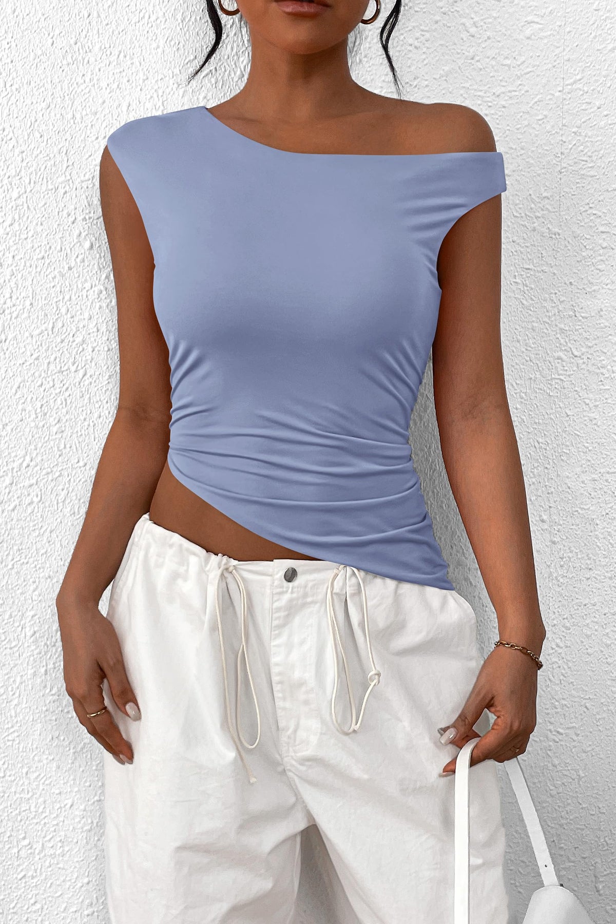 Summer Off The Shoulder Sleeveless One Shoulder Ruched Asymmetrical Y2K Tank Top