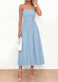 PRETTYGARDEN Womens Summer Dresses Sexy Sleeveless Tube Top Long Dress Eyelet Cotton Maxi Beach Sundress Pockets