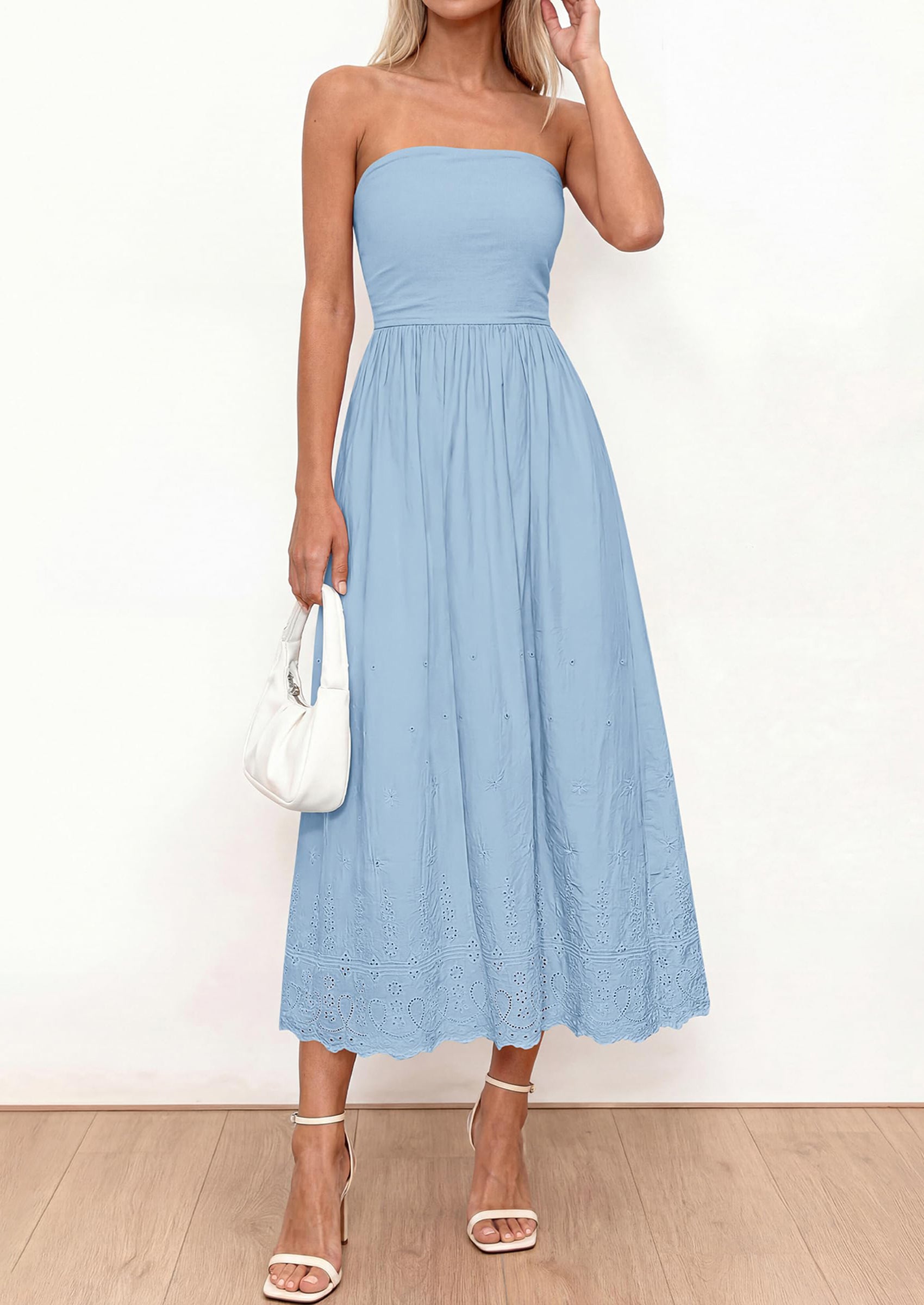 PRETTYGARDEN Womens Summer Dresses Sexy Sleeveless Tube Top Long Dress Eyelet Cotton Maxi Beach Sundress Pockets