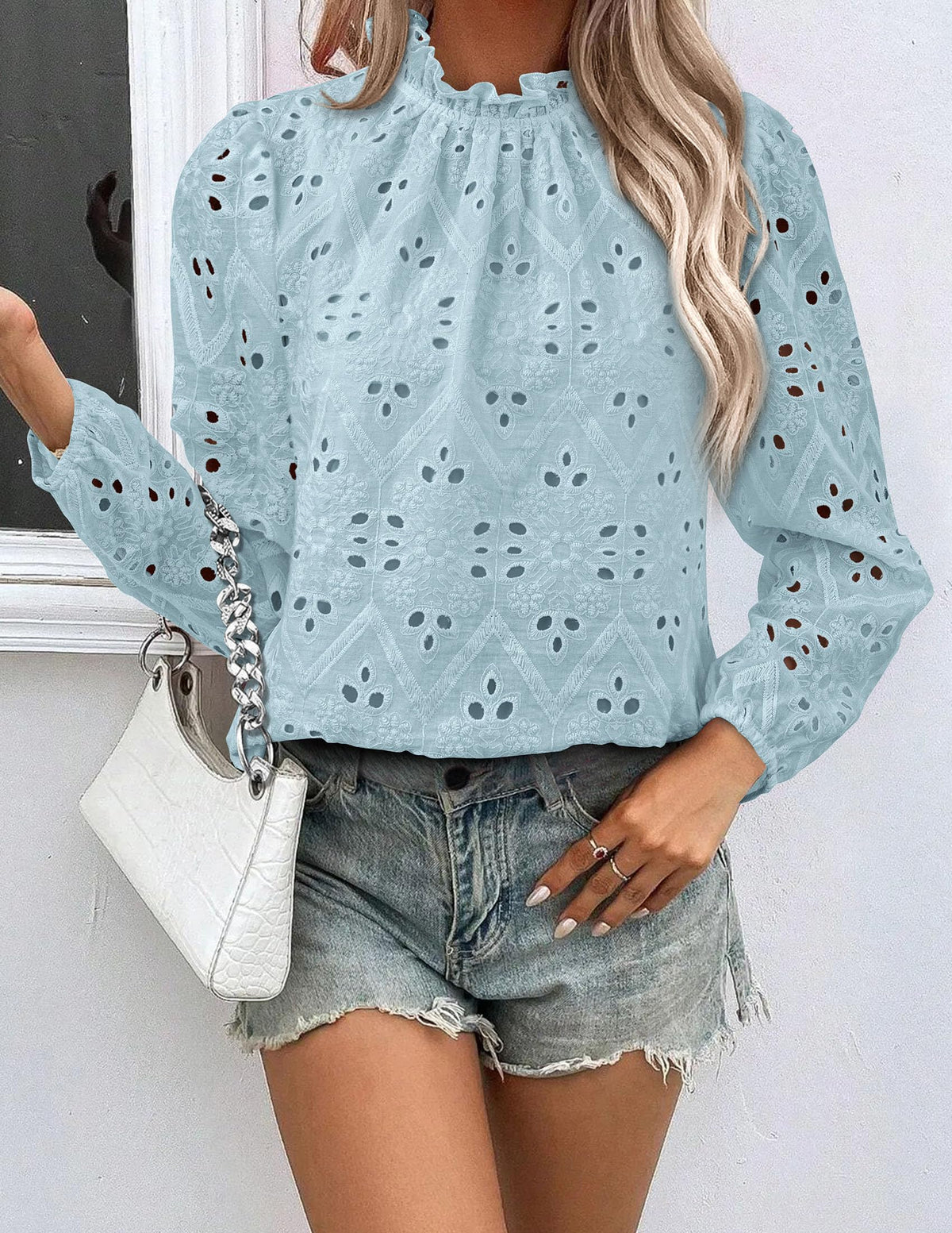 Womens Blouses Dressy Casual Embroidered Long Puff Sleeve Shirts Ruffle Eyelet Lace Top Fall Clothes