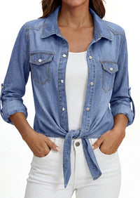 PRETTYGARDEN Womens Denim Shirts Collared Long Sleeve Button Down Shirt Women Tie Front Cardigans Summer Crop Tops Blouses