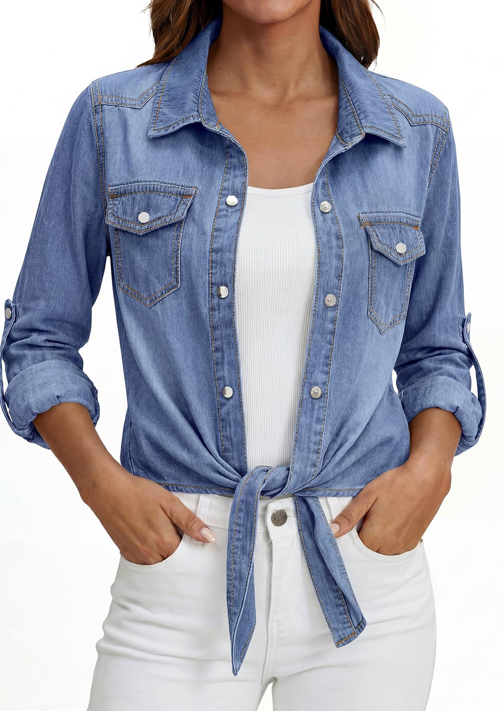 PRETTYGARDEN Womens Denim Shirts Collared Long Sleeve Button Down Shirt Women Tie Front Cardigans Summer Crop Tops Blouses