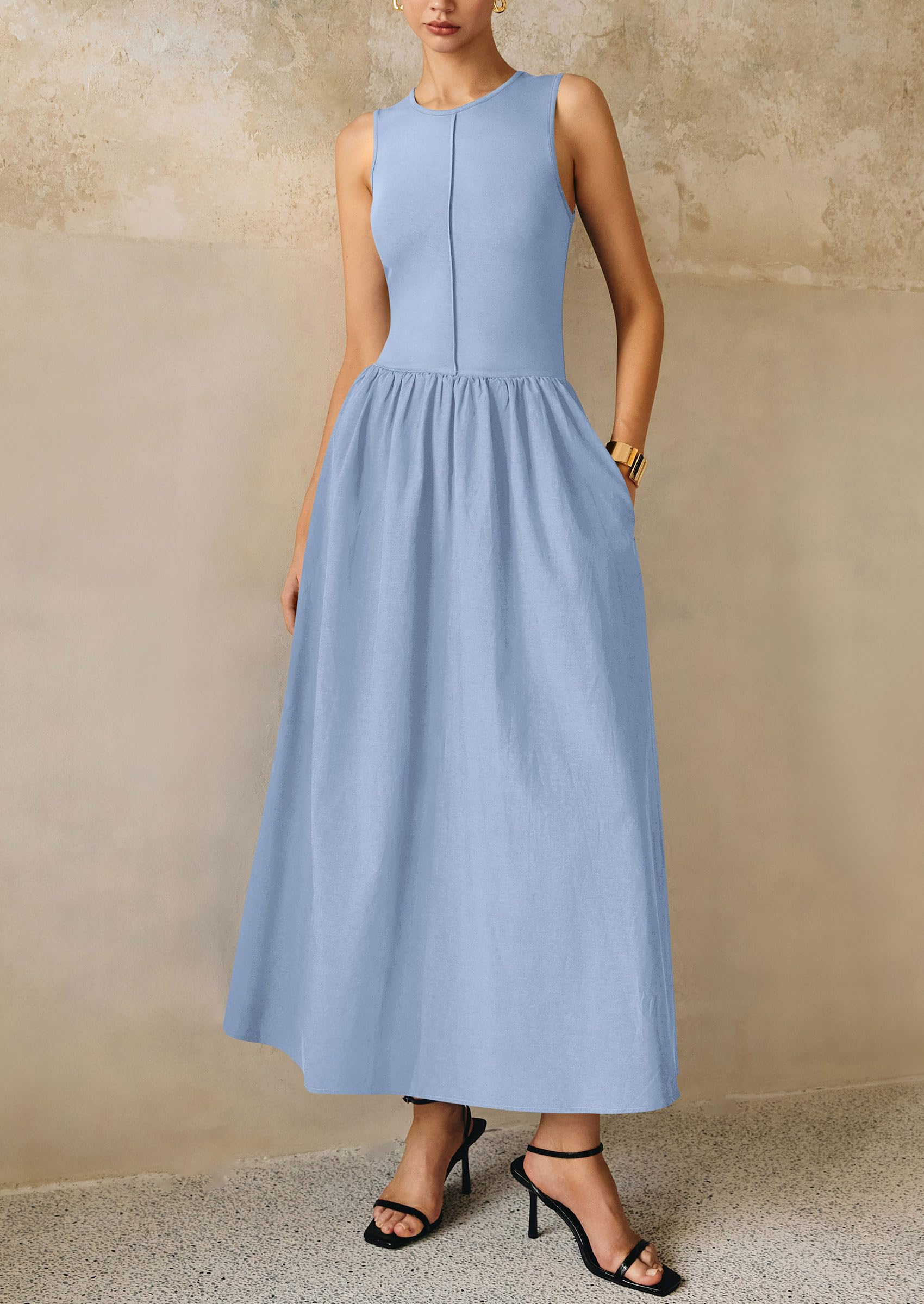 PRETTYGARDEN Women Maxi Dresses Casual Sleeveless Patchwork Knit Tank Dress Flowy Beach Sundress Long Dress