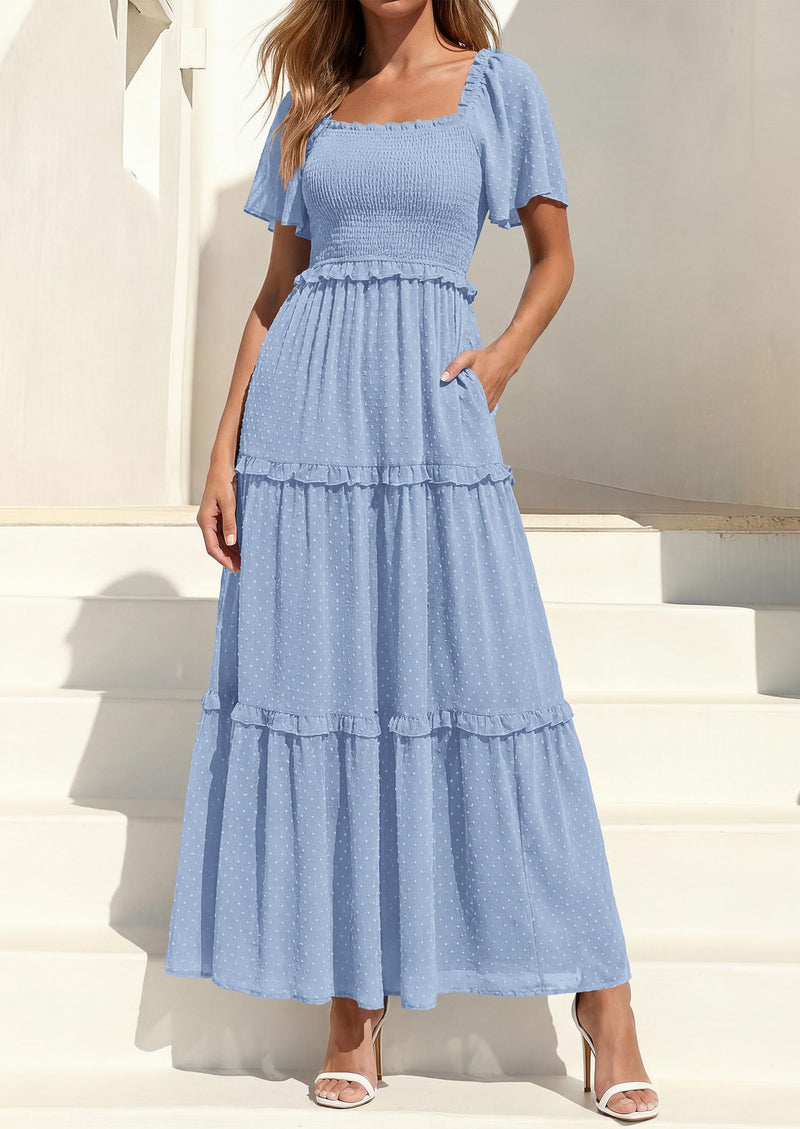 PRETTYGARDEN Summer Dresses for Women Boho Swiss Dot Smocked Square Neck Short Sleeve Spring Wedding Guest Maxi Dress PRETTYGARDEN