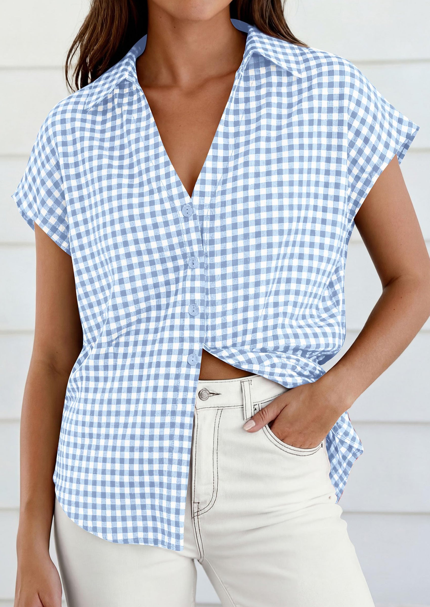 PRETTYGARDEN Womens Button Dwon Shirts V Neck Short Cap Sleeve Collared Plaid Tops Summer Spring Casual Blouses Clothes PRETTYGARDEN