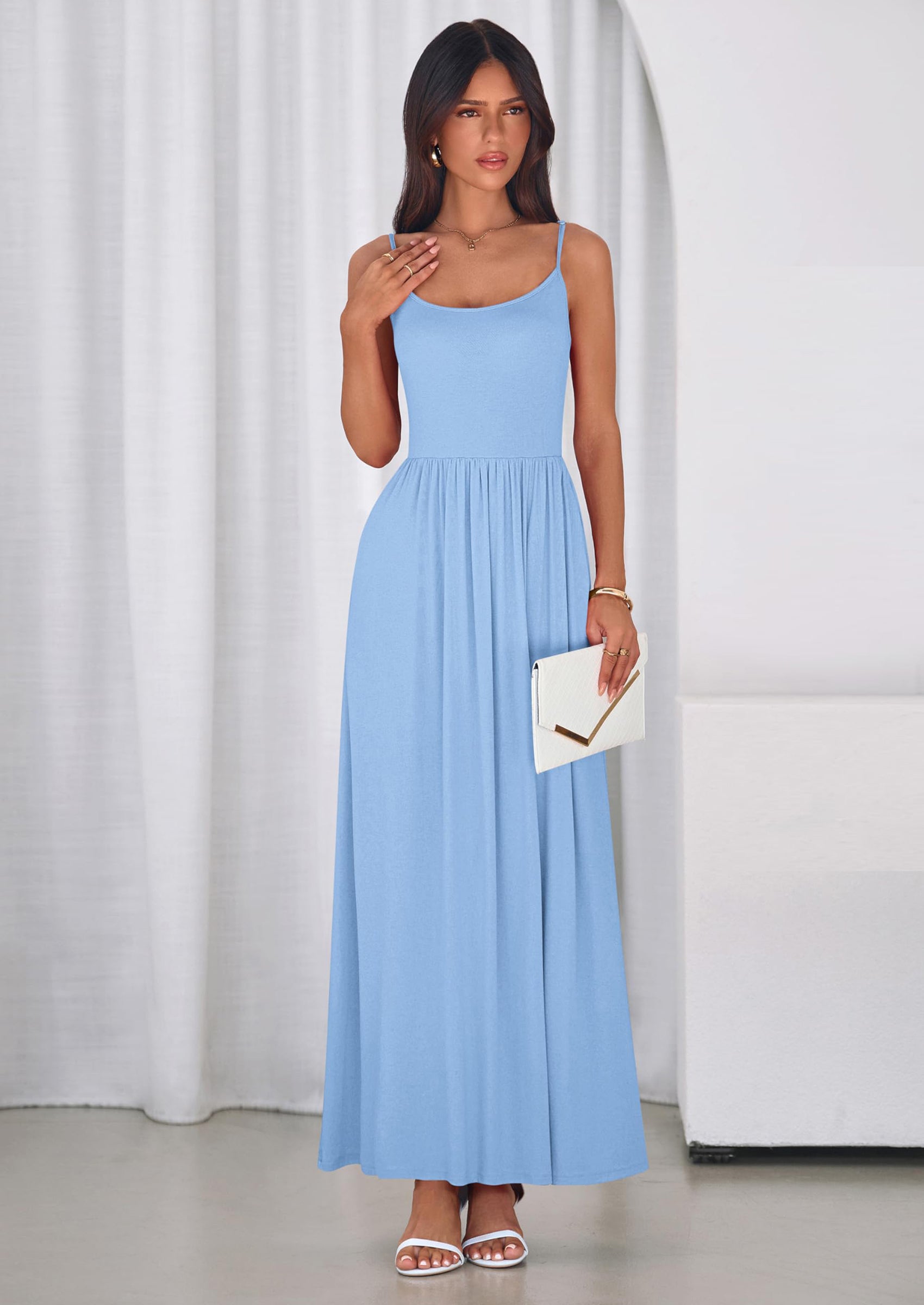 PRETTYGARDEN Womens Spaghetti Strap Maxi Dresses Sleeveless Summer Dress Long Casual Knit Flowy Beach Sundresses with Pockets PRETTYGARDEN