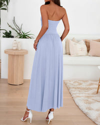 BTFBM Summer Maxi Dresses for Women Strapless Ruched Tube Top Beach Vacation Spring Wedding Guest Dress Pockets PRETTYGARDEN