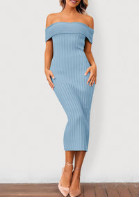 Women's Off The Shoulder Sweater Dresses 2025 Summer Elegant Ribbed Knit Midi Bodycon Wedding Guest Dress