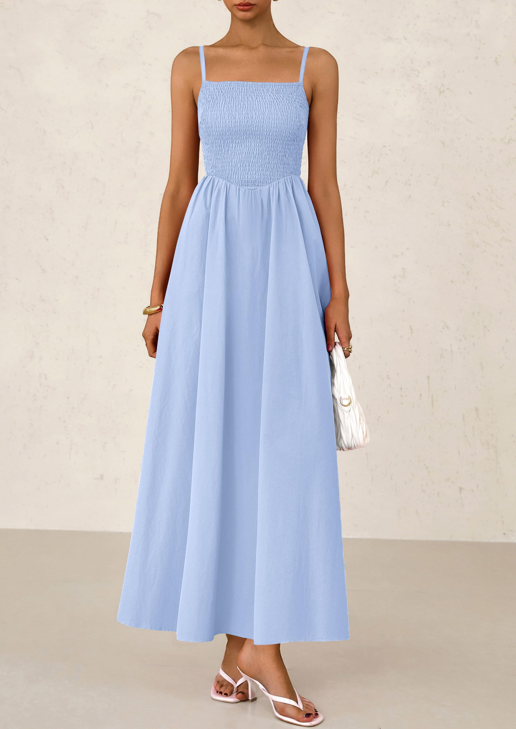 PRETTYGARDEN Women's Smocked Maxi Dresses Beach Sundress Casual Spaghetti Strap Swing A Line Long Flowy Dress