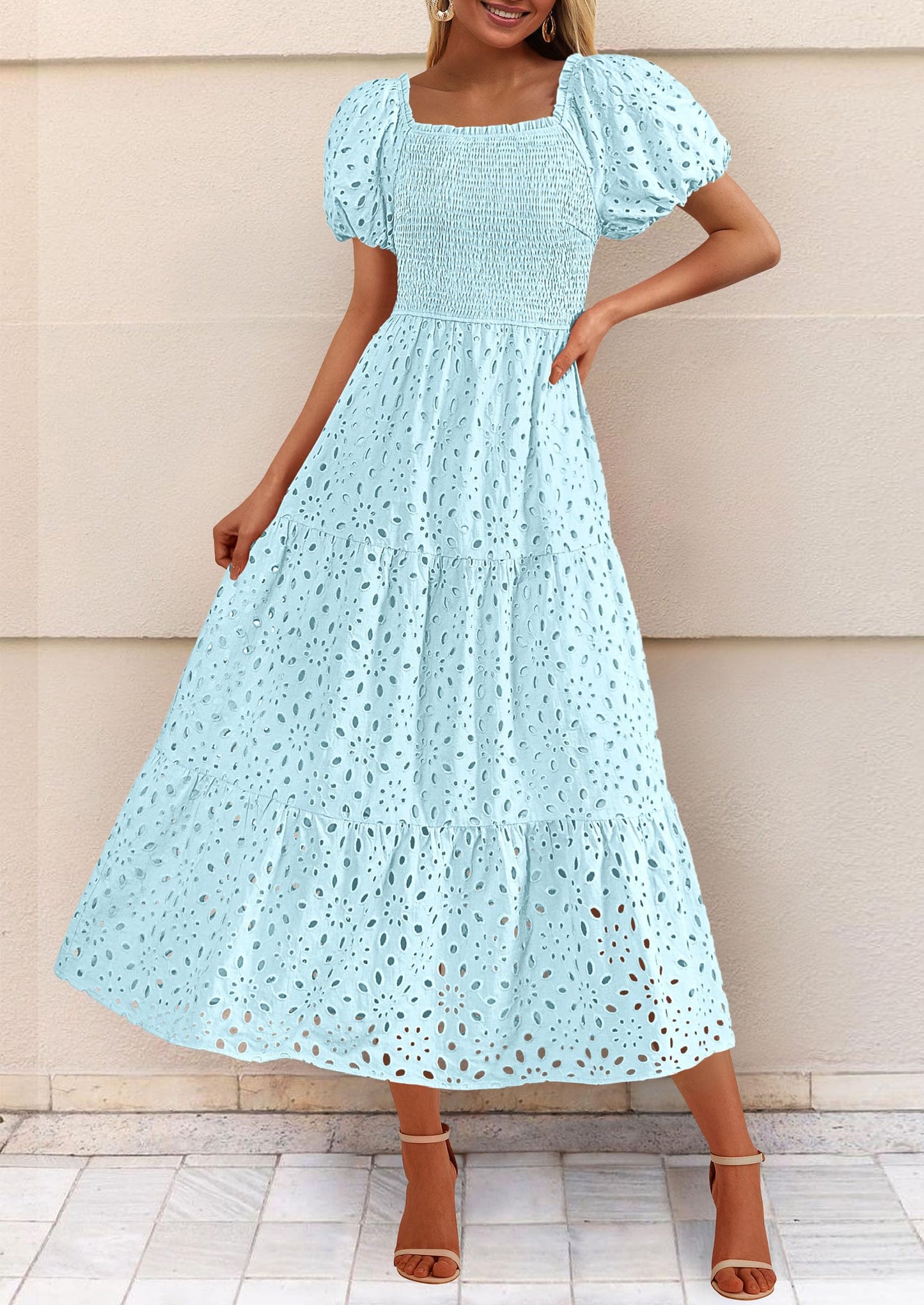 Summer Dresses for Women 2025 Eyelet Square Neck Puff Sleeve Smocked Wedding Guest Maxi Dress with Pockets