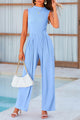 Summer One Piece Sleeveless Mock Neck Wide Leg Pants Rompers With Pockets