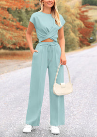 Summer Two Piece Outfits Tracksuit Twist Front Crop Tops T Shirts Wide Leg Pants Matching Lounge Sets