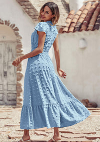 PRETTYGARDEN Womens Dresses Summer Maxi Dress Boho Short Sleeve V Neck Swiss Dot Ruffle Tiered Smocked Flowy Long Dress PRETTYGARDEN