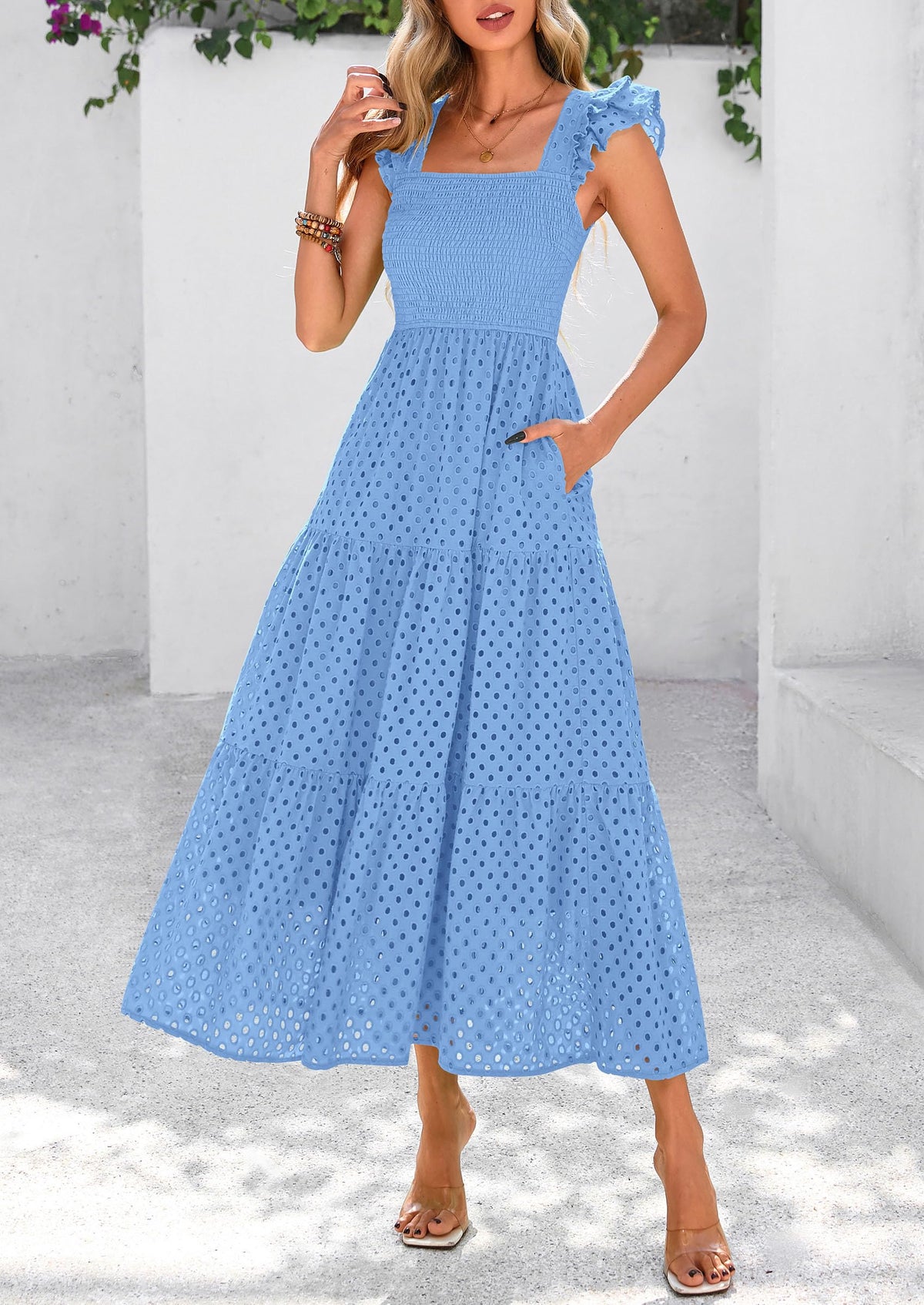 Womens Summer Square Neck Maxi Dresses Cap Sleeve Eyelet Smocked Tiered A Line Flowy Long Dress with Pockets