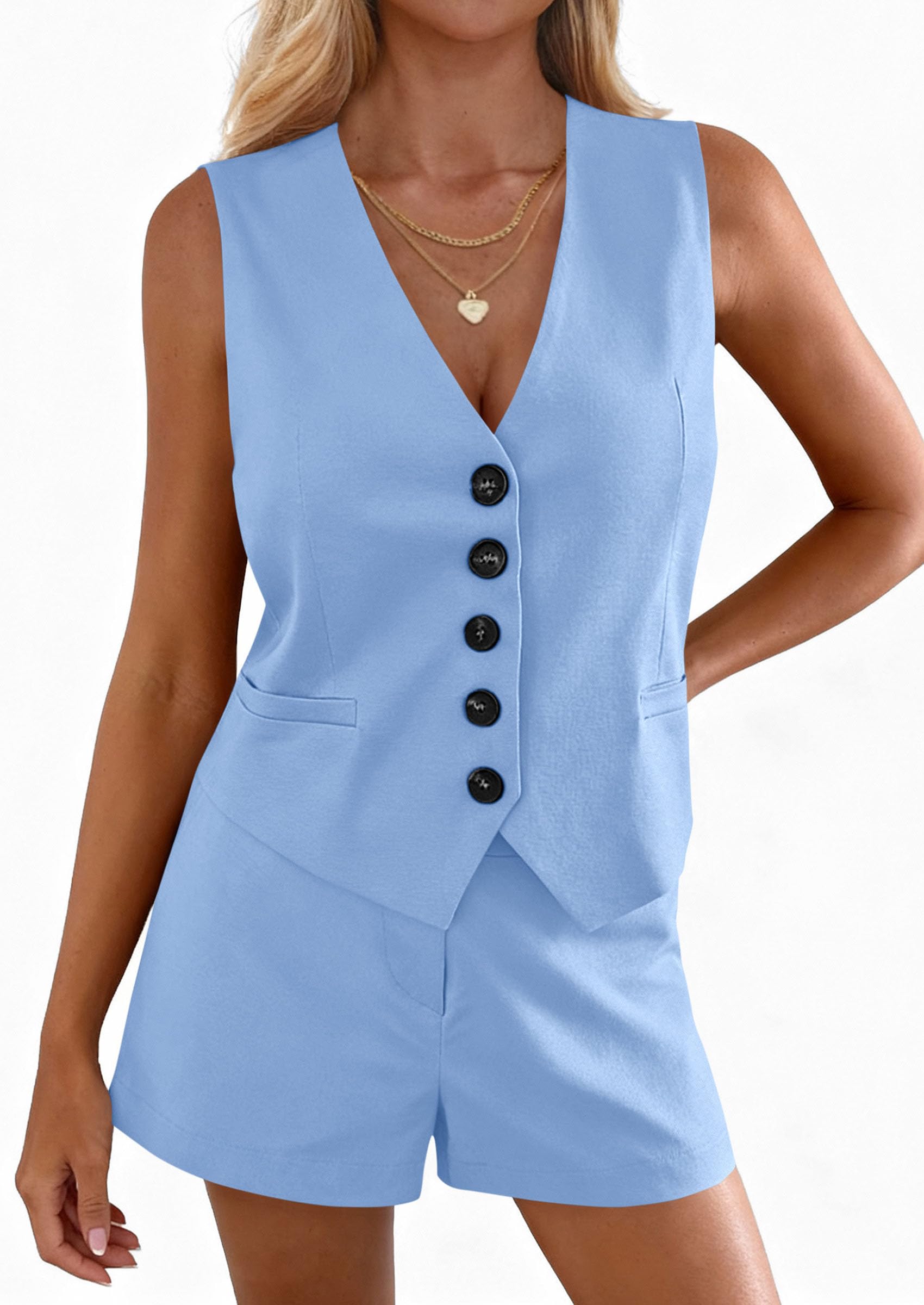 PRETTYGARDEN 2 Piece Sets for Women Spring Fashion Button Vest Tops High Waist Shorts Summer Business Casual Outfits PRETTYGARDEN