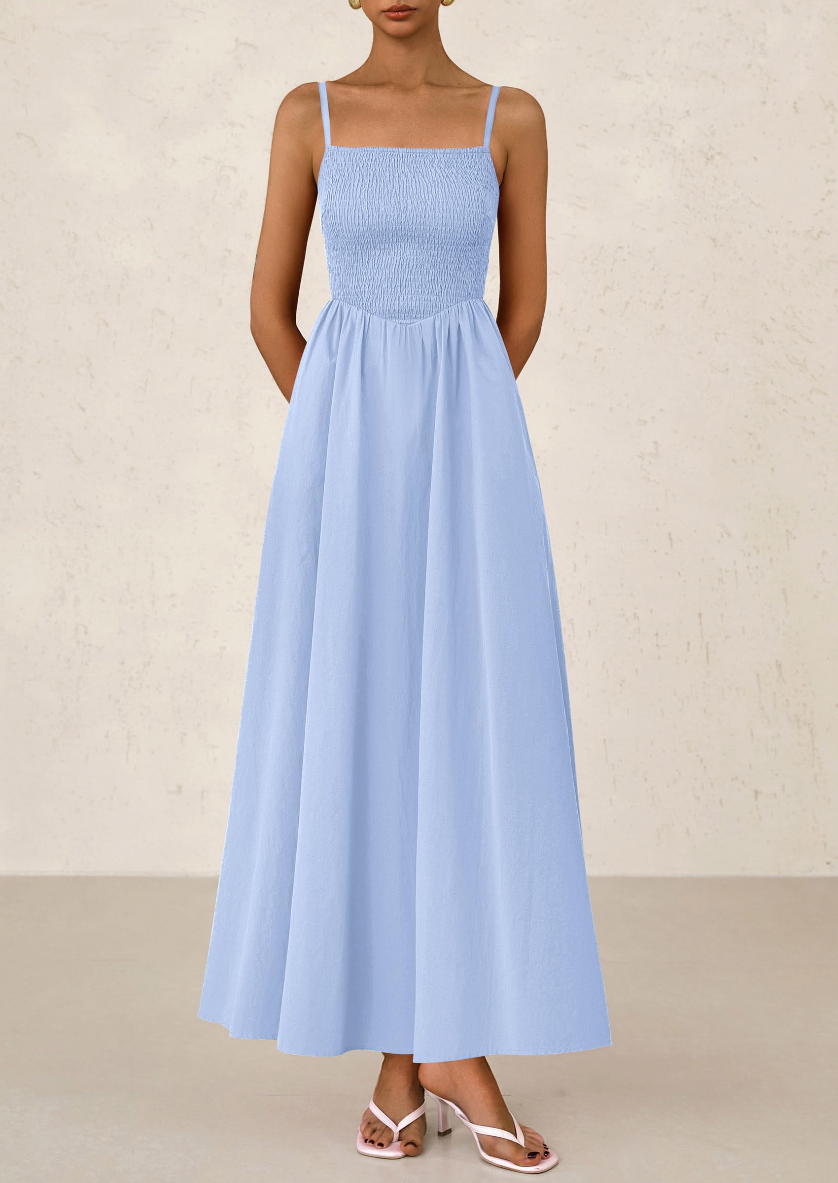 PRETTYGARDEN Women's Smocked Maxi Dresses Beach Sundress Casual Spaghetti Strap Swing A Line Long Flowy Dress