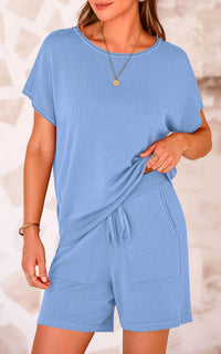 PRETTYGARDEN Two Piece Set for Women Summer Lounge Sets Shorts And Short Sleeve Tops Knitted Matching Travel Spring Outfits PRETTYGARDEN