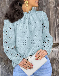 Womens Blouses Dressy Casual Embroidered Long Puff Sleeve Shirts Ruffle Eyelet Lace Top Fall Clothes