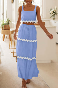 2 Piece Summer Casual Sleeveless Cropped Tank Top High Waisted Maxi Skirt Set