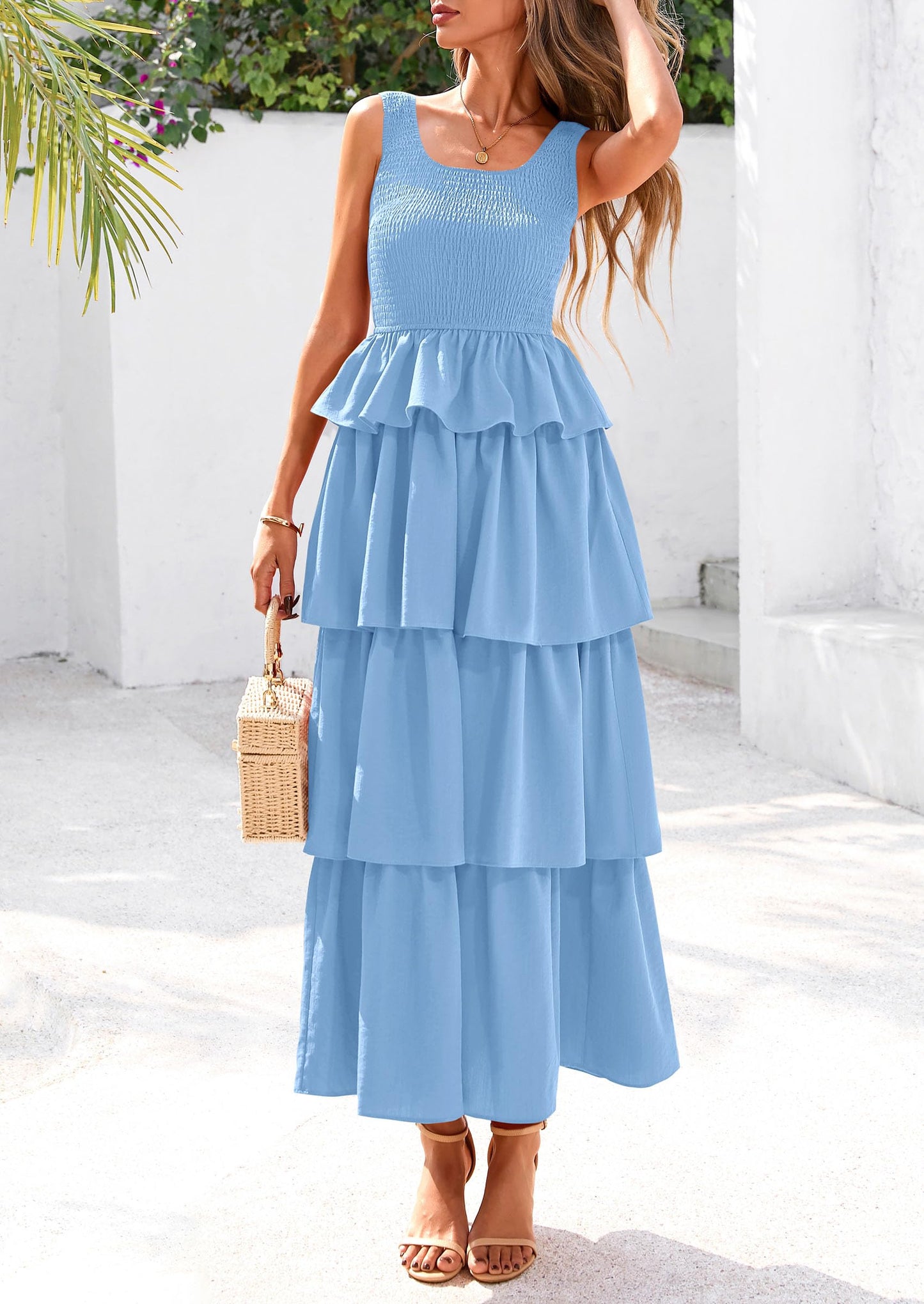 Womens Summer Sleeveless Midi Dress Scoop Neck Tank Top Smocked A Line Tiered Layered Beach Flowy Long Dresses