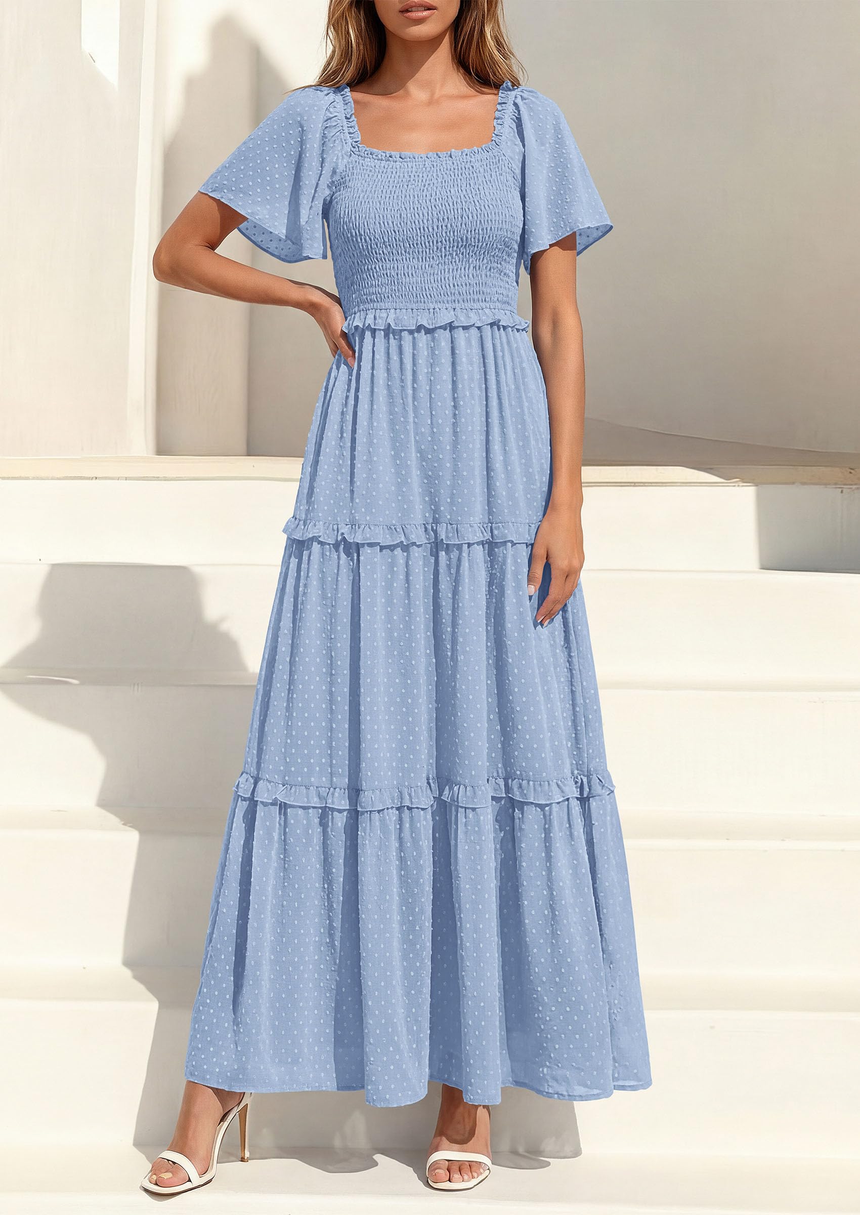 PRETTYGARDEN Summer Dresses for Women Boho Swiss Dot Smocked Square Neck Short Sleeve Spring Wedding Guest Maxi Dress PRETTYGARDEN