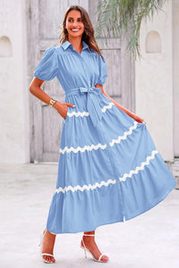 Summer Maxi Button Down Puff Short Sleeve Ruffle Long Flowy Shirt Dresses With Belt