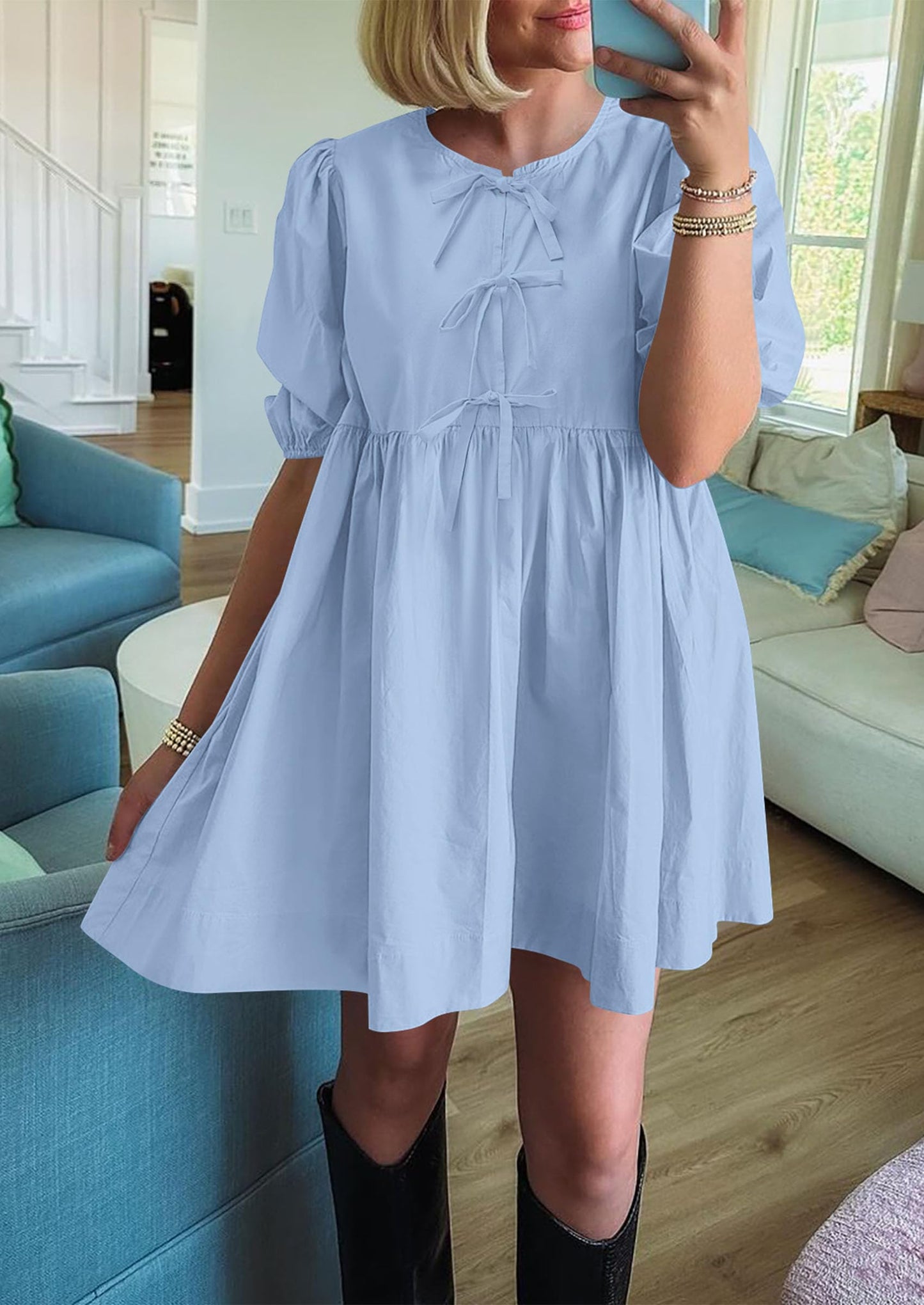 Womens Summer Casual Short Sleeve Dresses A Line Bow Tie Front Babydoll Loose Cute Mini Dress with Pockets