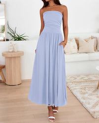 BTFBM Summer Maxi Dresses for Women Strapless Ruched Tube Top Beach Vacation Spring Wedding Guest Dress Pockets PRETTYGARDEN