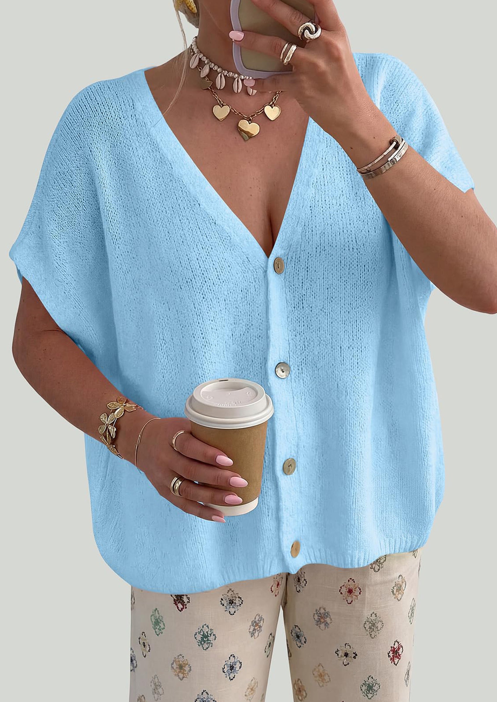 PRETTYGARDEN Batwing Short Sleeve Summer Cardigan Sweaters for Women Lightweight V Neck Button Oversized Sweater Tops PRETTYGARDEN