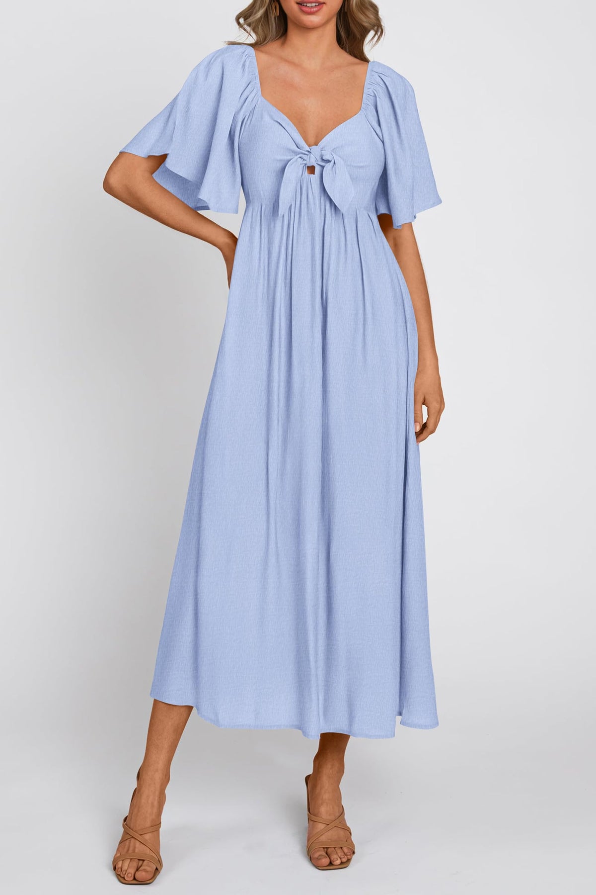 Casual Short Sleeve Bow Tie V Neck Ruffle Midi Flowy Dresses