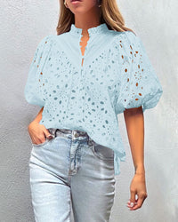 Casual Short Lantern Sleeve V Neck Buttons Hollow Out Lace Embroidered Blouses