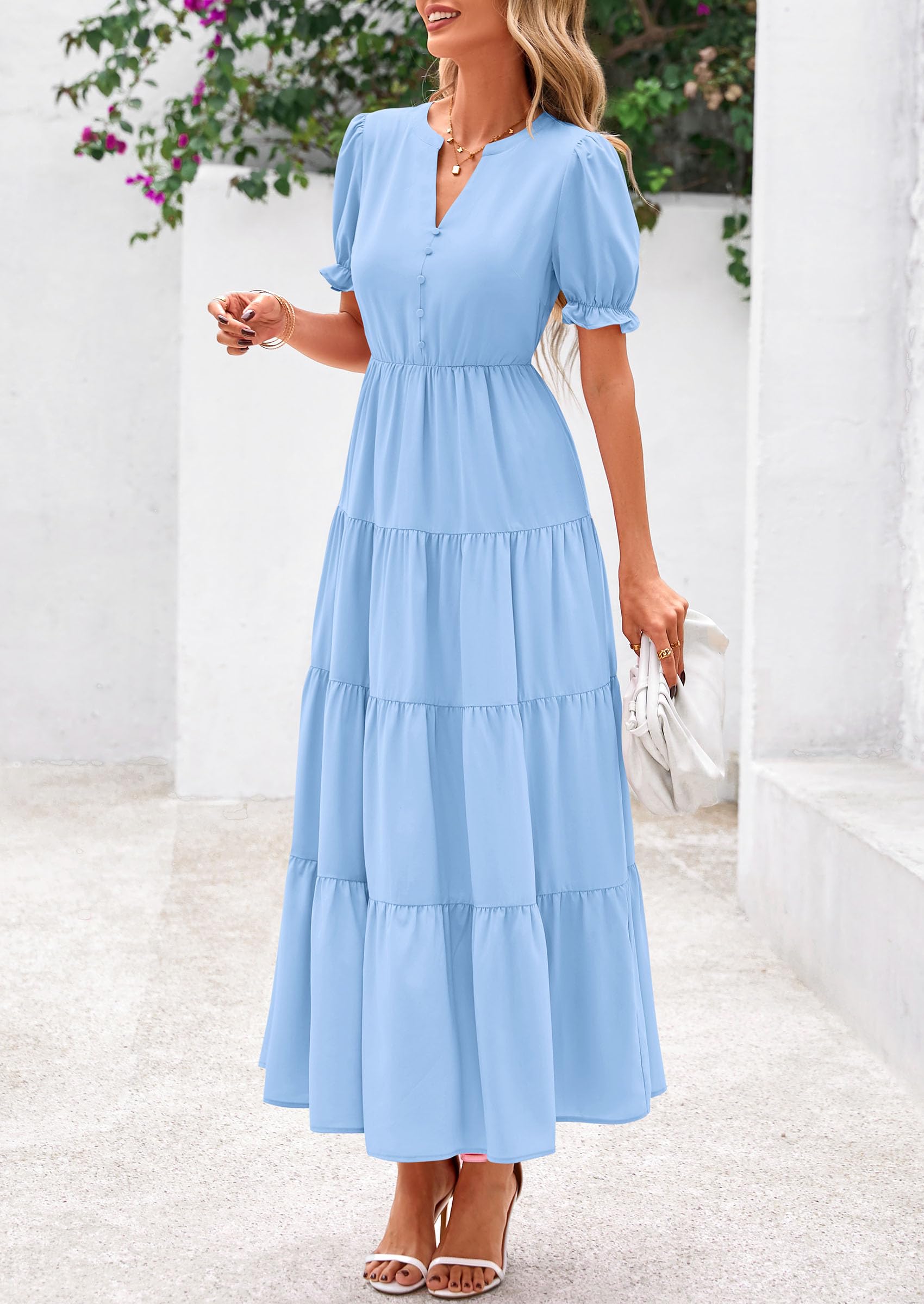 PRETTYGARDEN Women's Casual Short Sleeve V Neck Midi Dresses Spring A-line Tiered Wedding Guest Dress