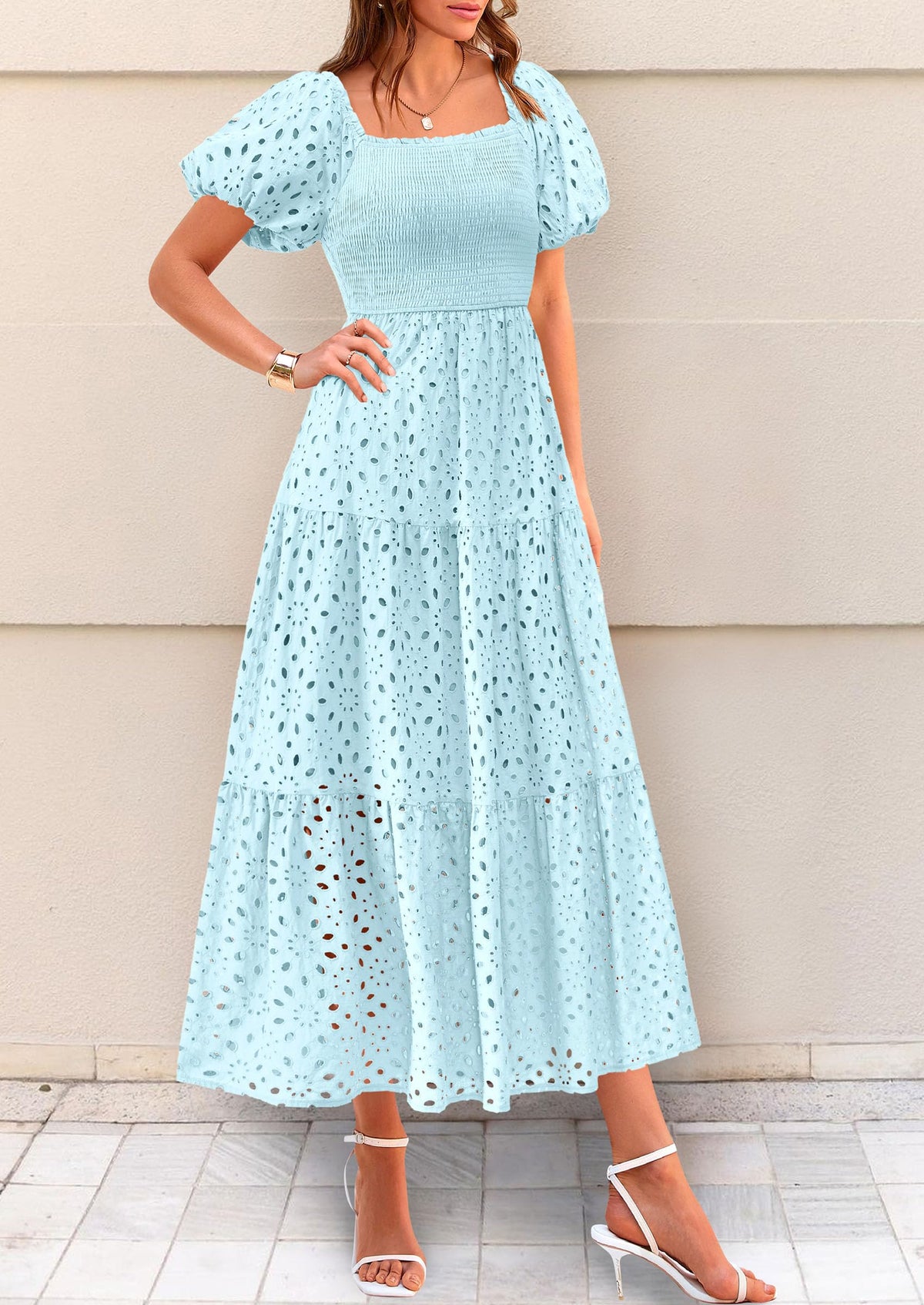 Summer Dresses for Women 2025 Eyelet Square Neck Puff Sleeve Smocked Wedding Guest Maxi Dress with Pockets