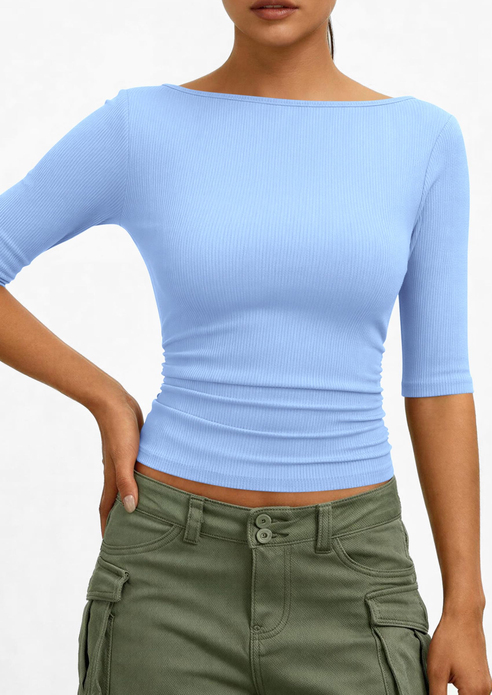 PRETTYGARDEN Womens Summer Short Sleeve Tops Boat Neck Ribbed Knit Slim Fit T Shirt Casual Basic Top Spring Clothes PRETTYGARDEN