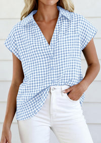 PRETTYGARDEN Womens Button Dwon Shirts V Neck Short Cap Sleeve Collared Plaid Tops Summer Spring Casual Blouses Clothes PRETTYGARDEN