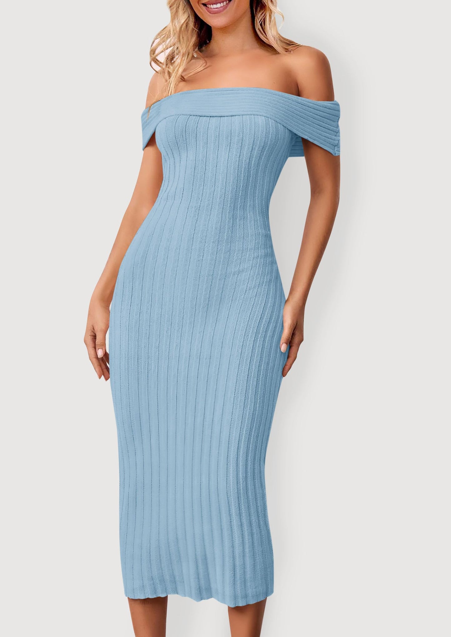 Women's Off The Shoulder Sweater Dresses 2025 Summer Elegant Ribbed Knit Midi Bodycon Wedding Guest Dress