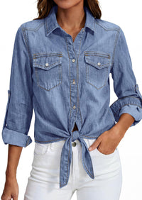 PRETTYGARDEN Womens Denim Shirts Collared Long Sleeve Button Down Shirt Women Tie Front Cardigans Summer Crop Tops Blouses