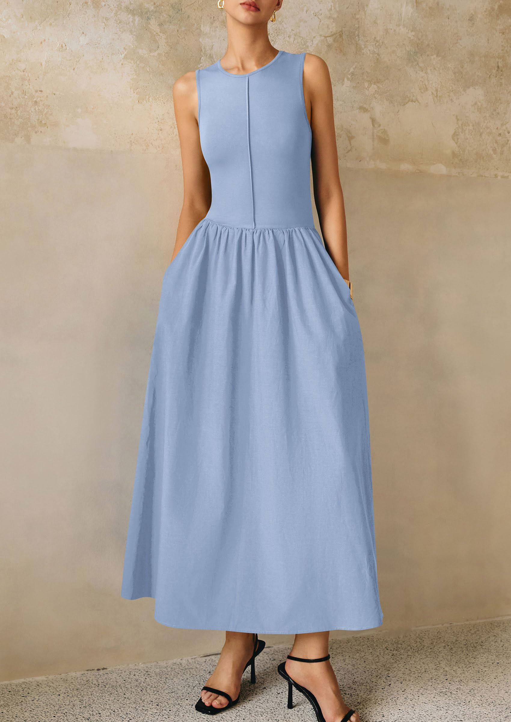 PRETTYGARDEN Women Maxi Dresses Casual Sleeveless Patchwork Knit Tank Dress Flowy Beach Sundress Long Dress