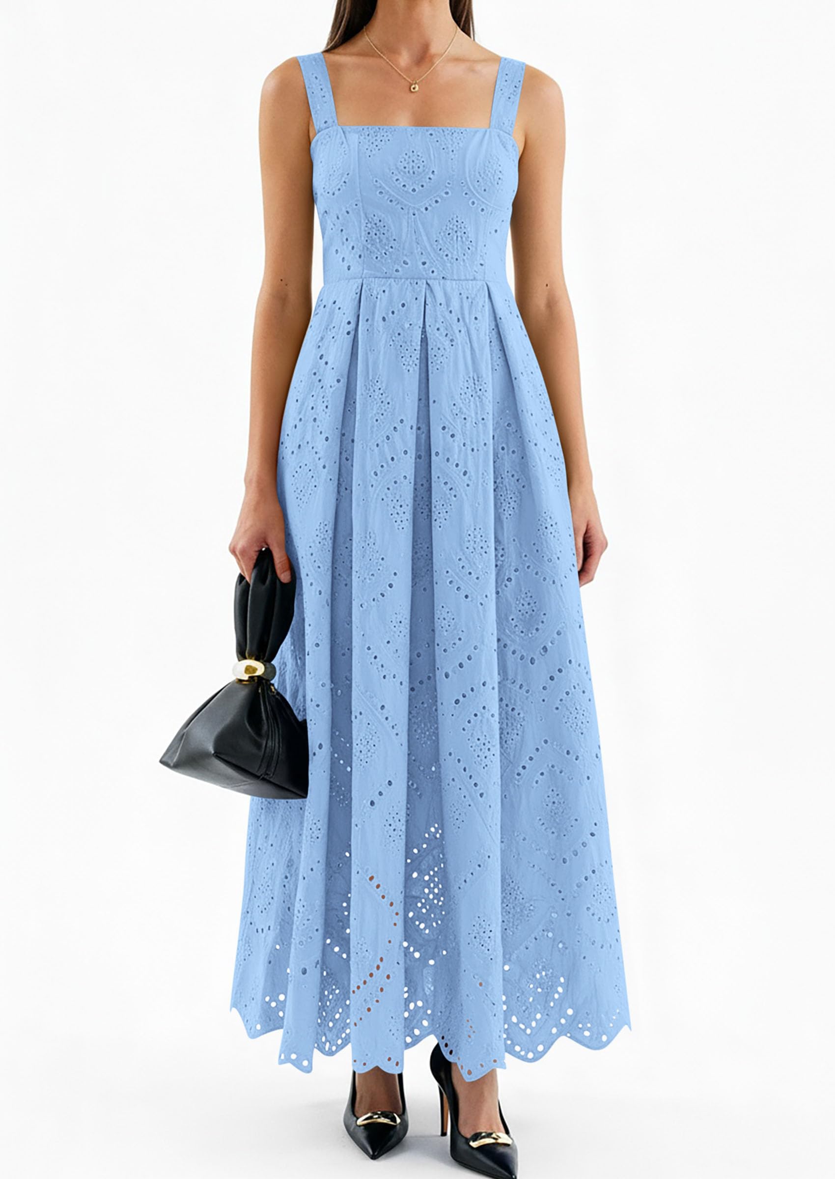 PRETTYGARDEN Womens Sleeveless Maxi Summer Dresses Hollow Out Eyelet Square Neck Ruffle Flowy Beach Vacation Sundress PRETTYGARDEN