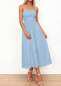 PRETTYGARDEN Womens Summer Dresses Sexy Sleeveless Tube Top Long Dress Eyelet Cotton Maxi Beach Sundress Pockets