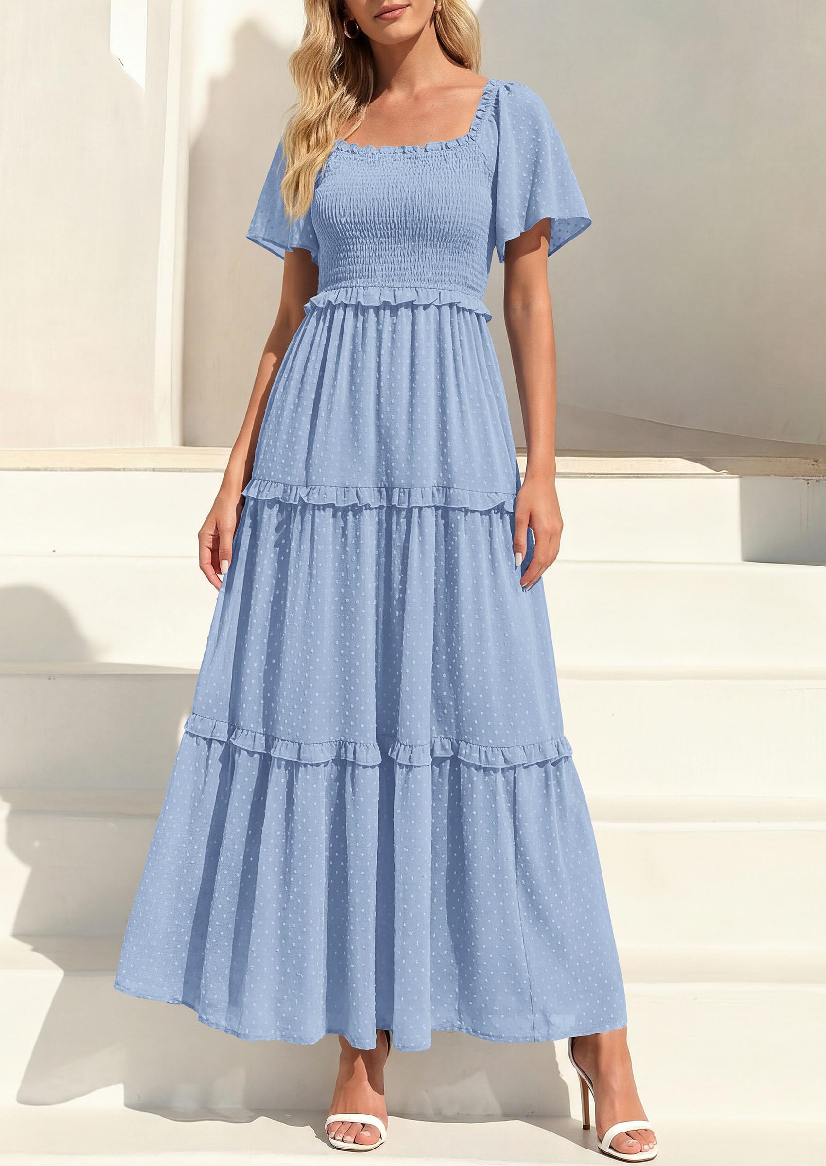 PRETTYGARDEN Summer Dresses for Women Boho Swiss Dot Smocked Square Neck Short Sleeve Spring Wedding Guest Maxi Dress PRETTYGARDEN