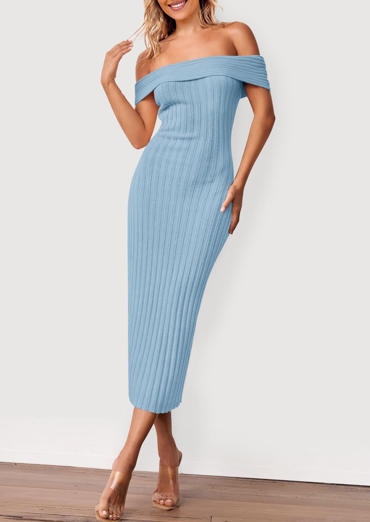 Women's Off The Shoulder Sweater Dresses 2025 Summer Elegant Ribbed Knit Midi Bodycon Wedding Guest Dress