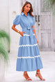 Summer Maxi Button Down Puff Short Sleeve Ruffle Long Flowy Shirt Dresses With Belt