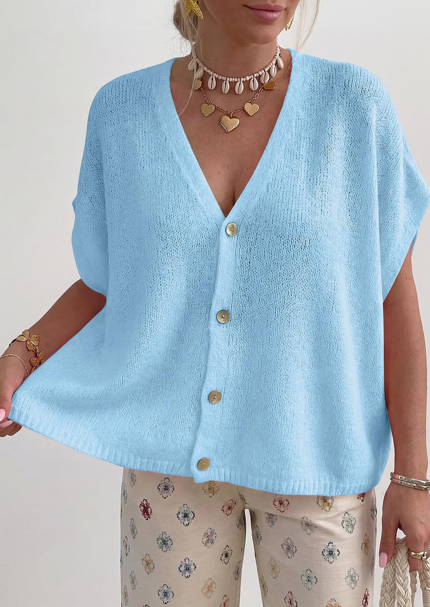 PRETTYGARDEN Batwing Short Sleeve Summer Cardigan Sweaters for Women Lightweight V Neck Button Oversized Sweater Tops PRETTYGARDEN