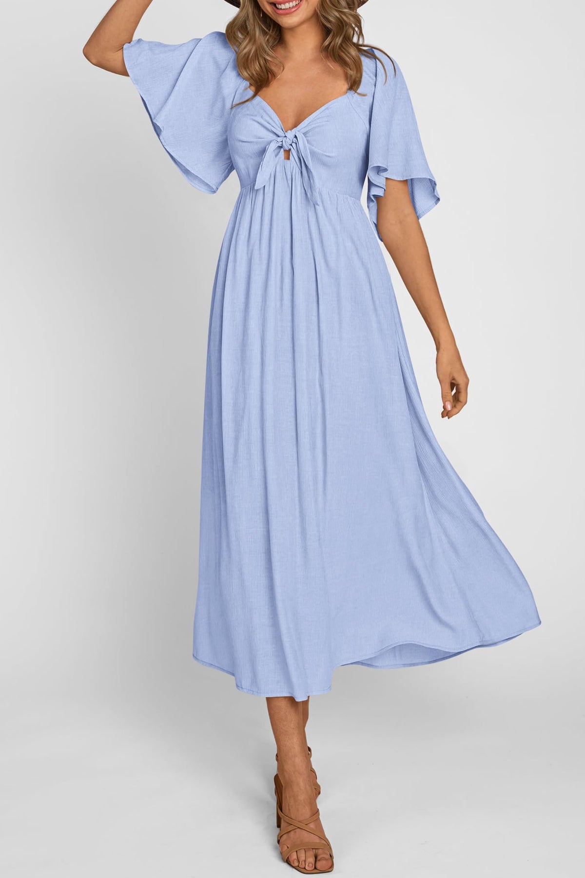 Casual Short Sleeve Bow Tie V Neck Ruffle Midi Flowy Dresses