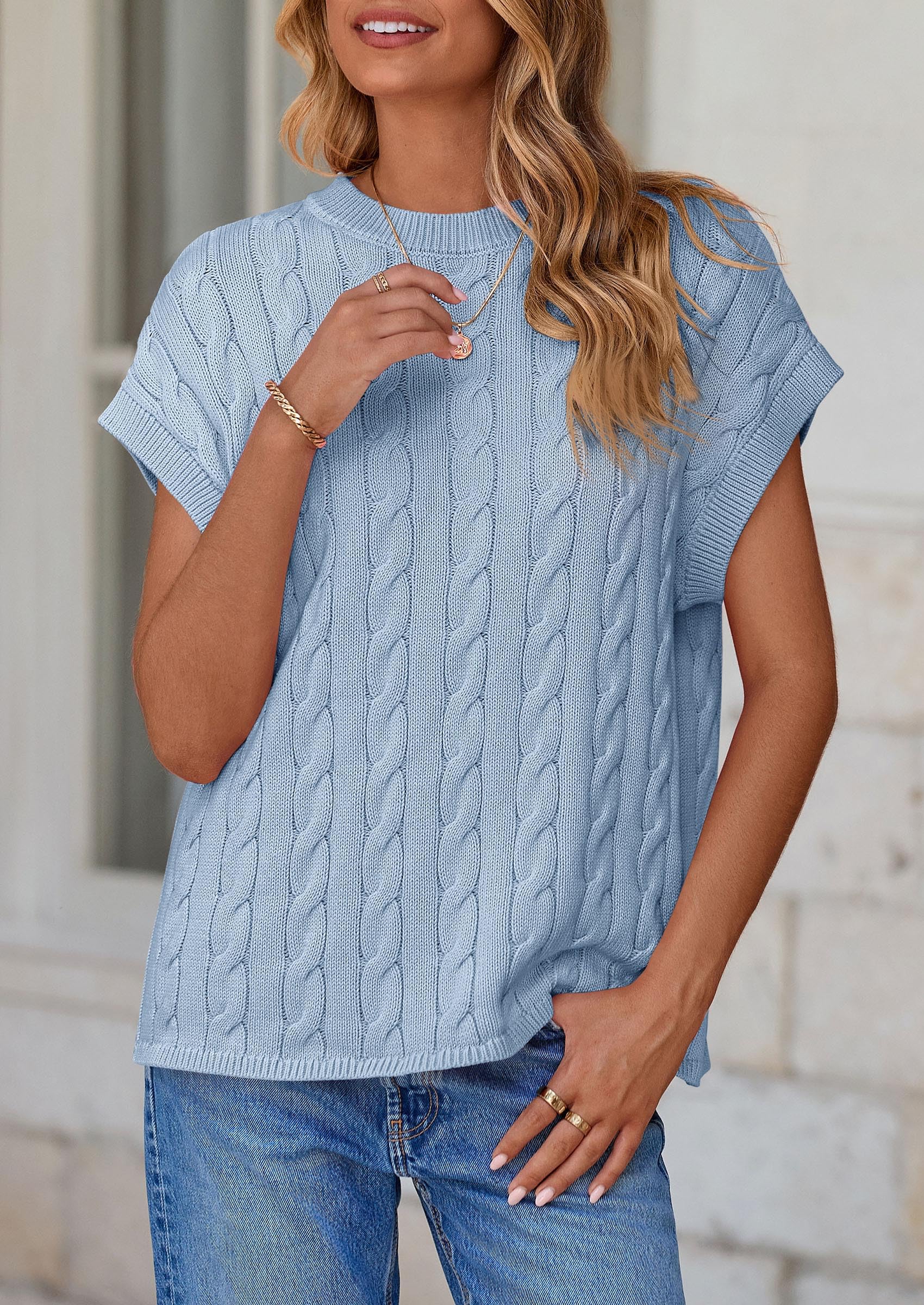 PRETTYGARDEN Women's Sweater Vest Summer Short Sleeve Tops Casual Crewneck Knit Oversized Pullover Trendy Spring Outfits