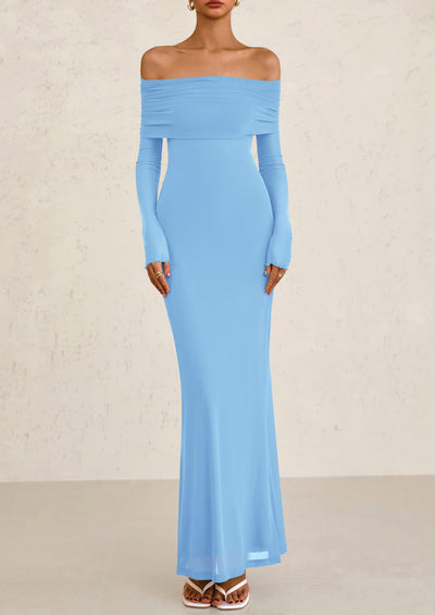 PRETTYGARDEN Off The Shoulder Dresses for Women Mesh Long Sleeve Baby Shower Formal Wedding Guest Dress